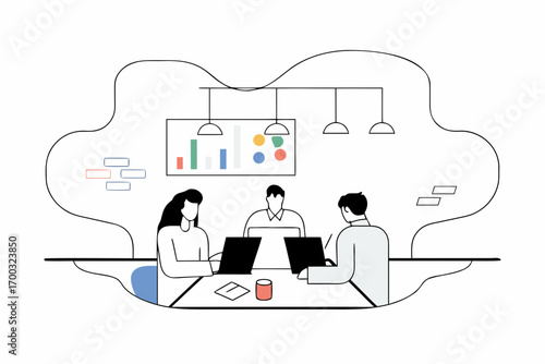 Business discussion at night in office with computer and online data, reviewin articles and collaboratio.