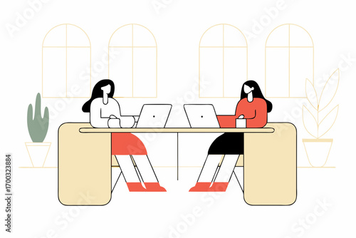 Professional women colleagues discussing work using ablet and laptop in moderngreen office, collaborativ and engaged.