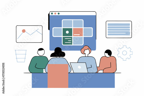 Diverse colleagues collaborating on online startup poject, analyzing electroni reports, and teamwork.