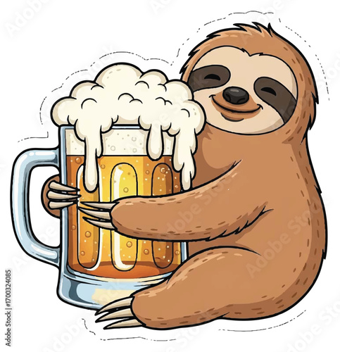 Happy cartoon sloth hugging a large, overflowing mug of frothy golden beer with a contented smile.
