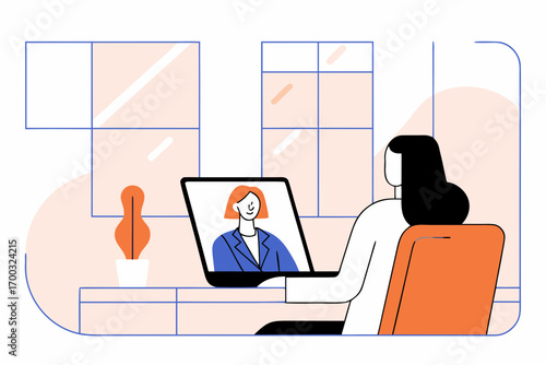 Businesswoman using laptop for online consultation, rofessional and confident.