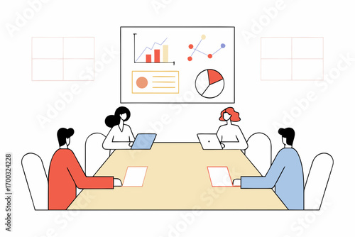 Team of business executives analyzing charts and staistics for corporate plannng.