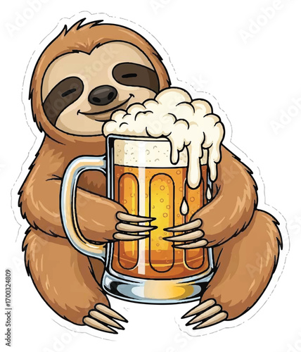A cheerful cartoon sloth with closed eyes happily hugging a large, overflowing mug of frothy golden beer.