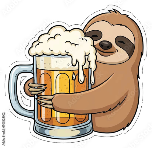 A cute cartoon sloth with a happy expression hugging a large, overflowing mug of frothy golden beer.