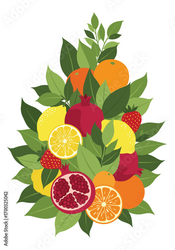 Vibrant assortment of fresh ripe citrus fruits and berries surrounded by lush green leaves