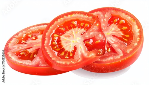 Wallpaper Mural Three vibrant tomato slices, showcasing juicy interiors and a bright red hue against a white background. Torontodigital.ca