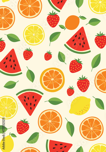 Vibrant summer fruit pattern featuring watermelon orange lemon strawberry and leaves