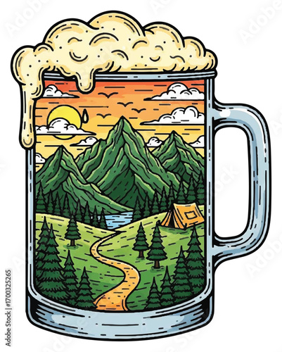 A detailed illustration of a beer mug with a scenic landscape inside, featuring mountains and a sunset.