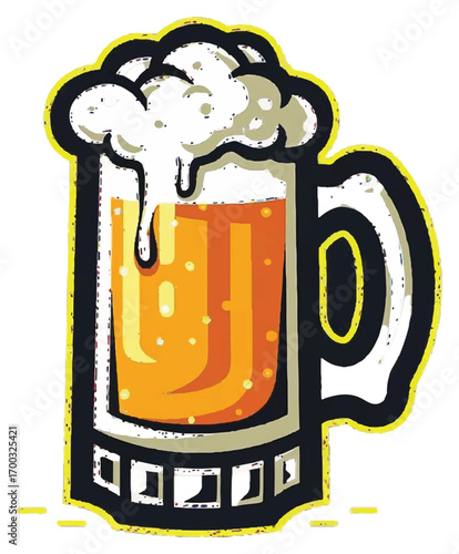 A stylized illustration of a frosty glass mug filled with golden beer and a thick, foamy head.
