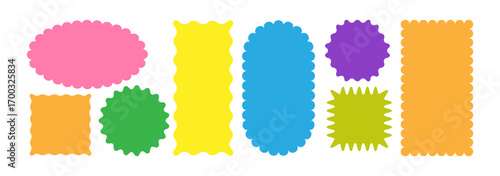 Set of colorful abstract frames with scalloped, wavy, and zigzag edge forms. Vibrant vector shapes for labels, tags, stickers, and design templates. Isolated on white background