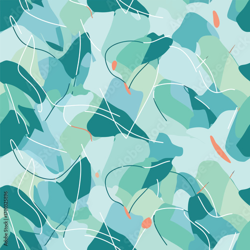 Abstract pattern design with organic shapes in shades of teal and light blue, patern seamless, Stock royalty.