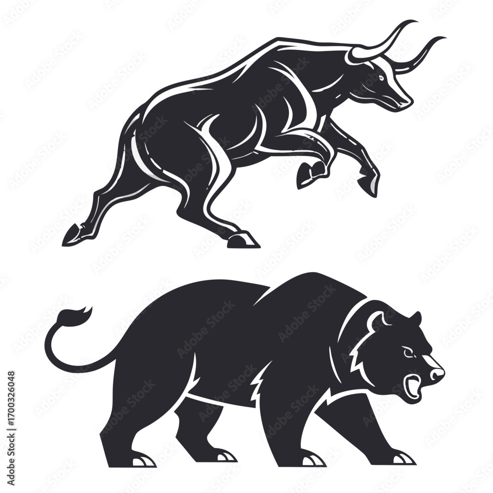 Obraz premium Dynamic bull and bear duo representing stock market trends and financial analysis insights