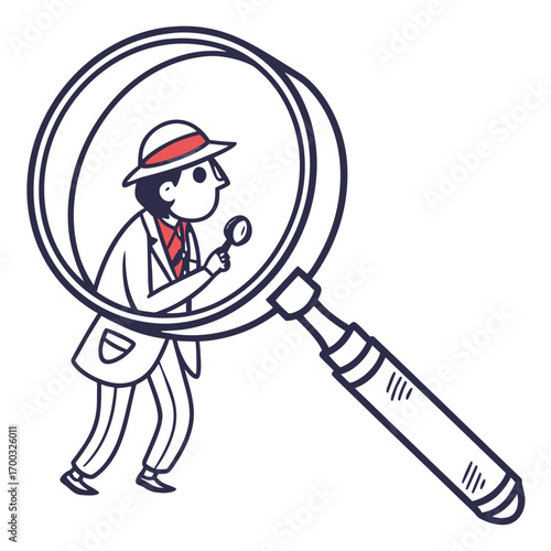 Detective character with magnifying glass searching for clues vector illustration design asset