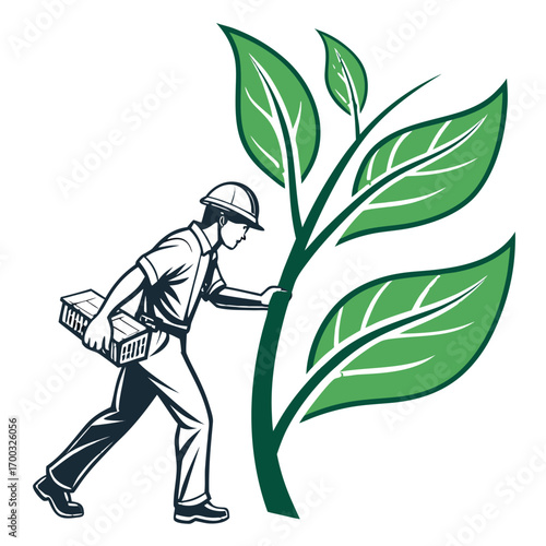 Arborist tending to tree with toolkit, showcasing nature's care and skilled craftsmanship symbol