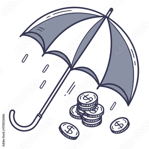 Safeguard savings with protective umbrella from financial risk, money protection concept drawing, financial security