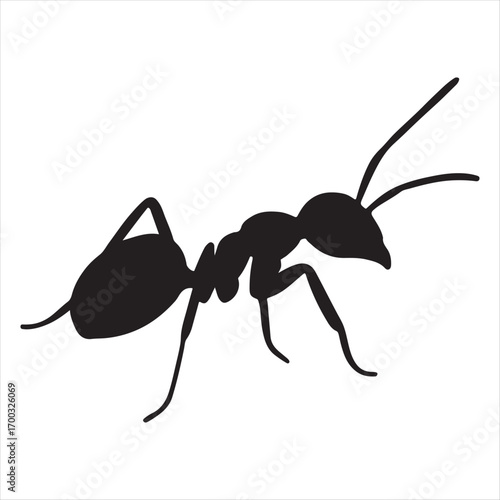 Black silhouette of a single ant with antennae and legs on a white background