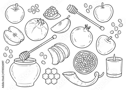 Rosh Hashanah isolated clip art, Jewish New Year drawings, apple and honey detailed illustration, hand drawn Jewish tradition outline drawings, traditional Jewish New Year Rosh Hashanah illustration