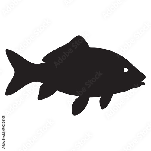 Simple black silhouette of a fish with a white eye on a white background
