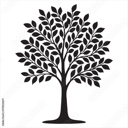 Stylized silhouette of a lush deciduous elm tree with dense foliage and strong branches on a white background