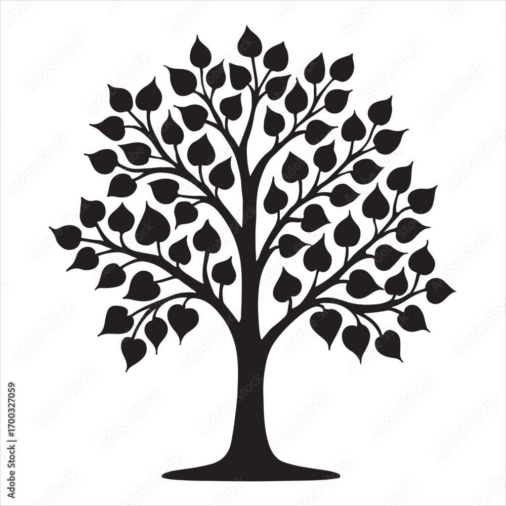 Obraz premium Stylized silhouette of a bodhi tree with numerous leaves and a strong trunk on a white background
