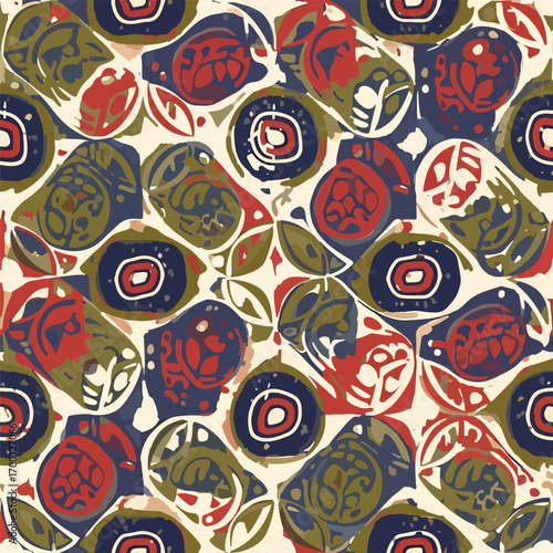 Abstract organic shapes in a vibrant retro pattern with earthy tones and textures, patern seamless, Stock royalty.