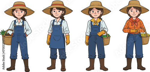 Set of cartoon female farmers, women in overalls and hats, farming attire, harvest baskets, agriculture, rural life illustration