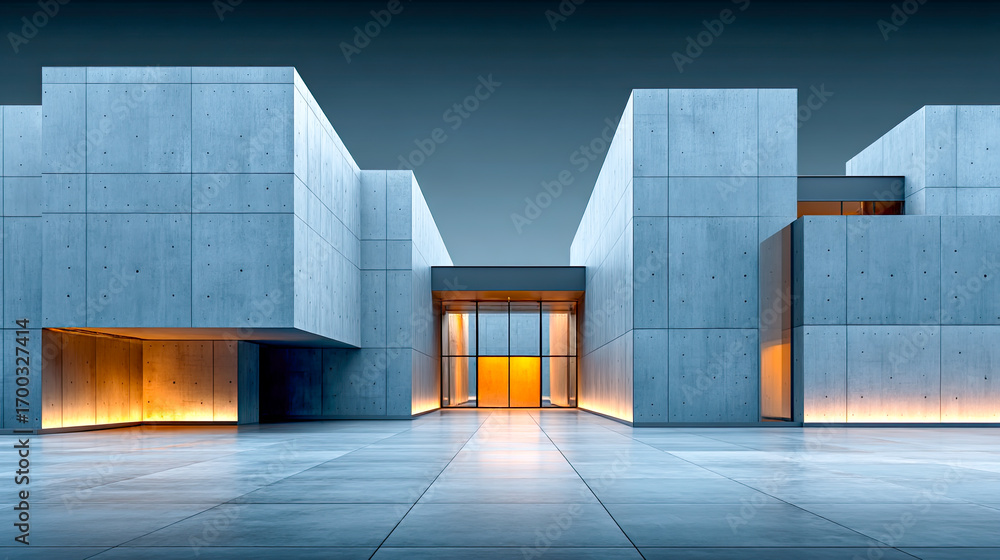 Fototapeta premium Brutalistische Architektur mit geometrischen Formen, Betonflächen und klaren Linien. Moderne Gebäude, Licht und Schatten, architektonische Details und urbanes Design. Perfekt für Kunst und Editorials.