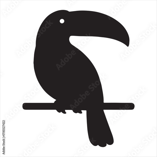 Silhouette of a toucan perched on a branch against a white background