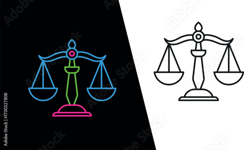 Neon glowing color legal and justice icon on black background. Neon 3d law legal scale courthouse. Bright Justice scales icon of law equality fairness balance judgment legal court decision.