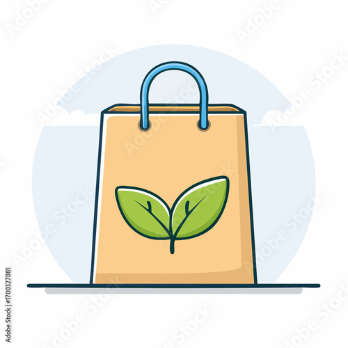Brown Paper Shopping Bag With Green Leaf Logo On Light Gray Circular Background