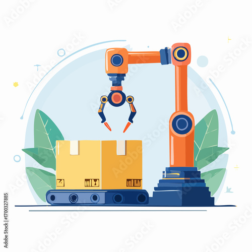 Orange And Blue Robotic Arm Lifting Cardboard Box On Conveyor Belt