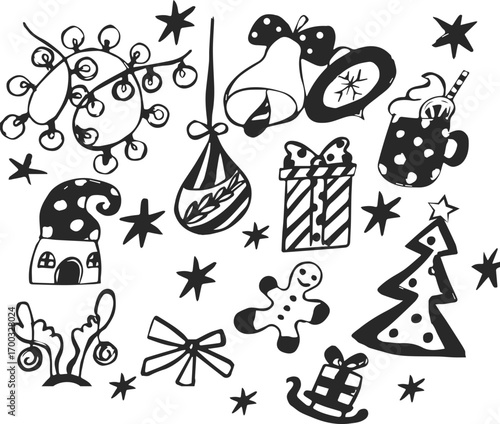 Christmas-themed hand-drawn doodles including gifts and decorations  