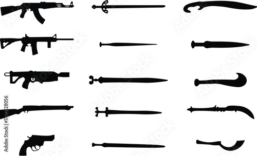Weapon silhouette collection, black firearm and blade icons, combat tools, vector illustration, military gear, tactical design, defense, danger