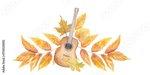Sticker Watercolor six string guitar and autumn tree leaves illustration on isolated background