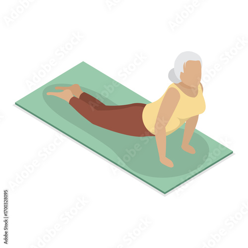 3D Isometric Flat Vector Illustration of Elderly Various Exercises, Active Seniors Engaging In Stretching, Cardio, Yoga, Pilates. Item 1