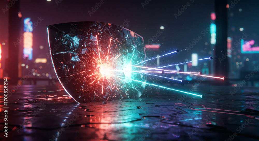 Fototapeta premium Cyberpunk shield shatters from energy blast in a futuristic cityscape at night
