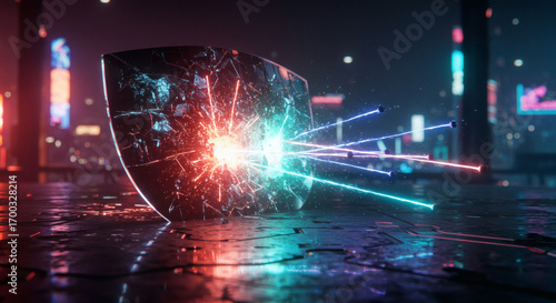 Cyberpunk shield shatters from energy blast in a futuristic cityscape at night