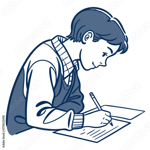 Focused student diligently writing on paper, capturing concentration and academic effort in a clean design