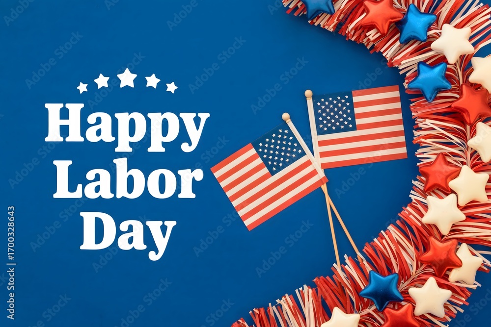 Obraz premium Happy Labor Day Celebration with American Flags and Star Decorations on Blue Background