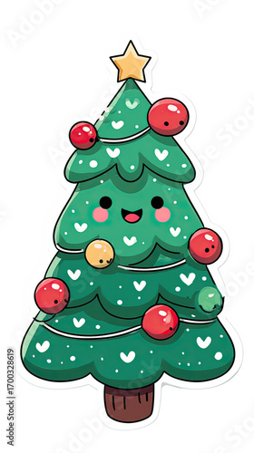 Wallpaper Mural Adorable Kawaii Christmas Tree Sticker with Happy Face and Festive Ornaments Torontodigital.ca