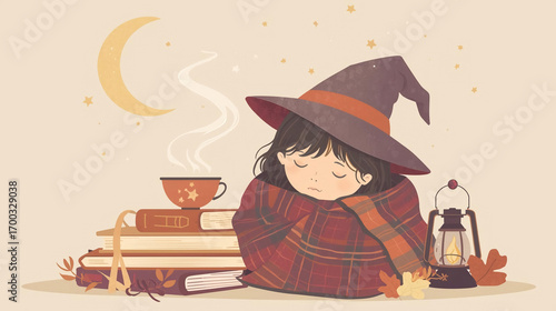 illustration of a sleepy little witch wrapped in a plaid blanket