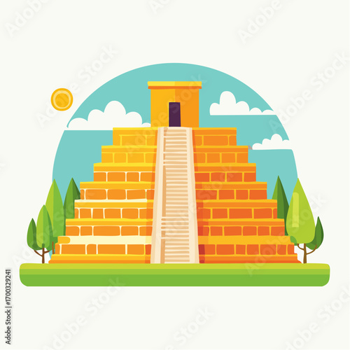 Ancient Golden Mayan Pyramid Under Sunny Sky