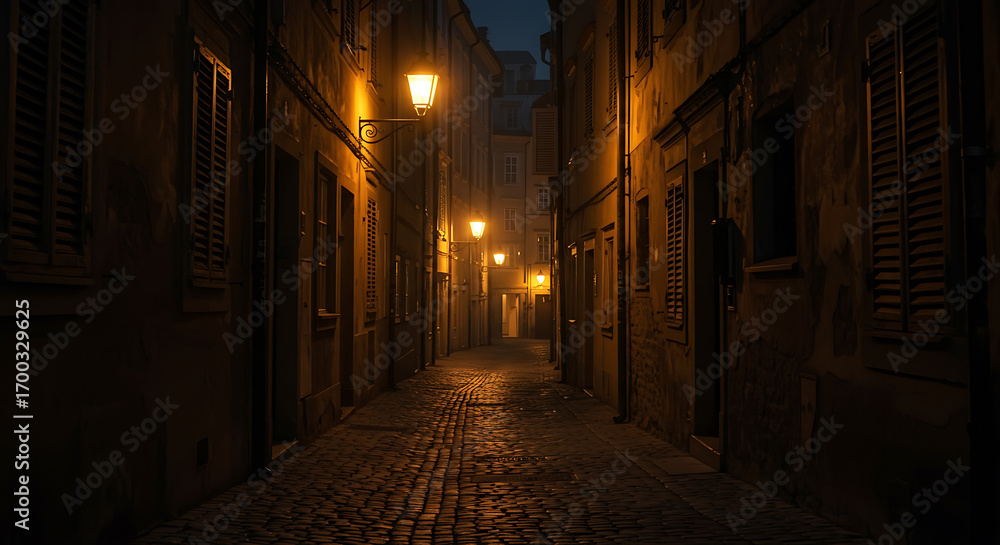 Fototapeta premium Dark and Mysterious Cobblestone Alleyway at Night: European Cityscape, Warm Lamplight, Atmospheric Mood.