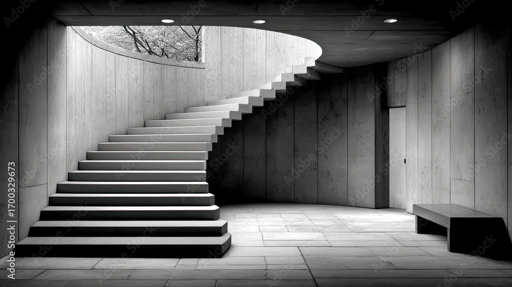Fototapeta premium Brutalistische Architektur mit geometrischen Formen, Betonflächen und klaren Linien. Moderne Gebäude, Licht und Schatten, architektonische Details und urbanes Design. Perfekt für Kunst und Editorials.