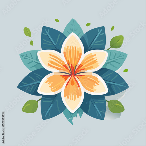 Orange Plumeria Flower with Teal Leaves on Light Blue Background