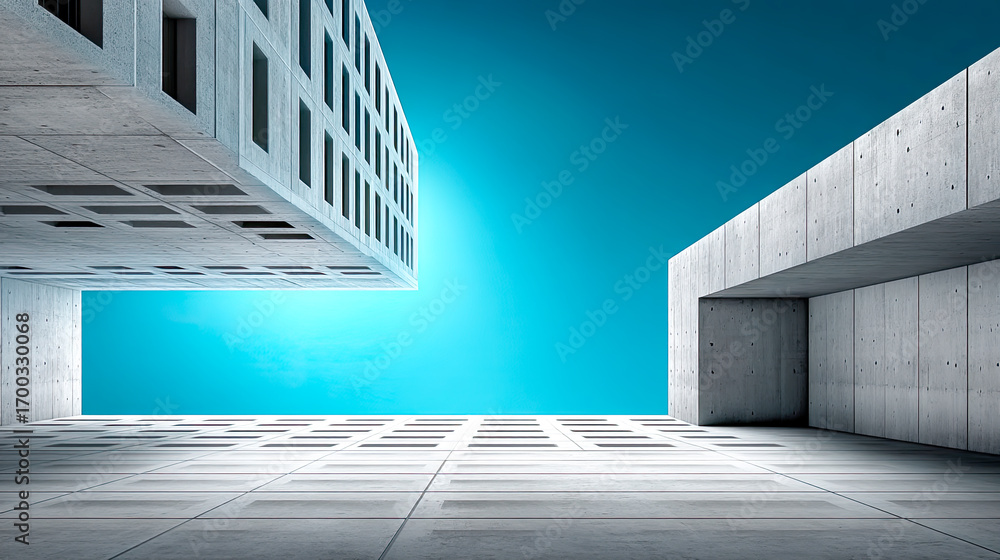 Obraz premium Brutalistische Architektur mit geometrischen Formen, Betonflächen und klaren Linien. Moderne Gebäude, Licht und Schatten, architektonische Details und urbanes Design. Perfekt für Kunst und Editorials.