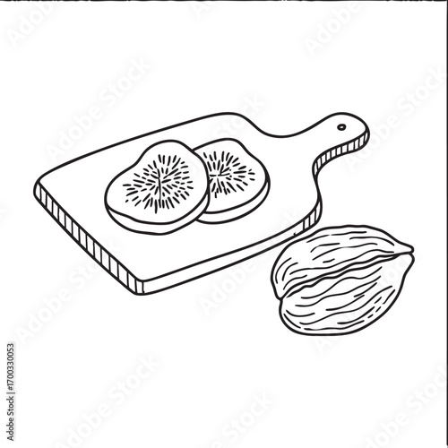 An illustration of walnut near a cutting board with dried figs