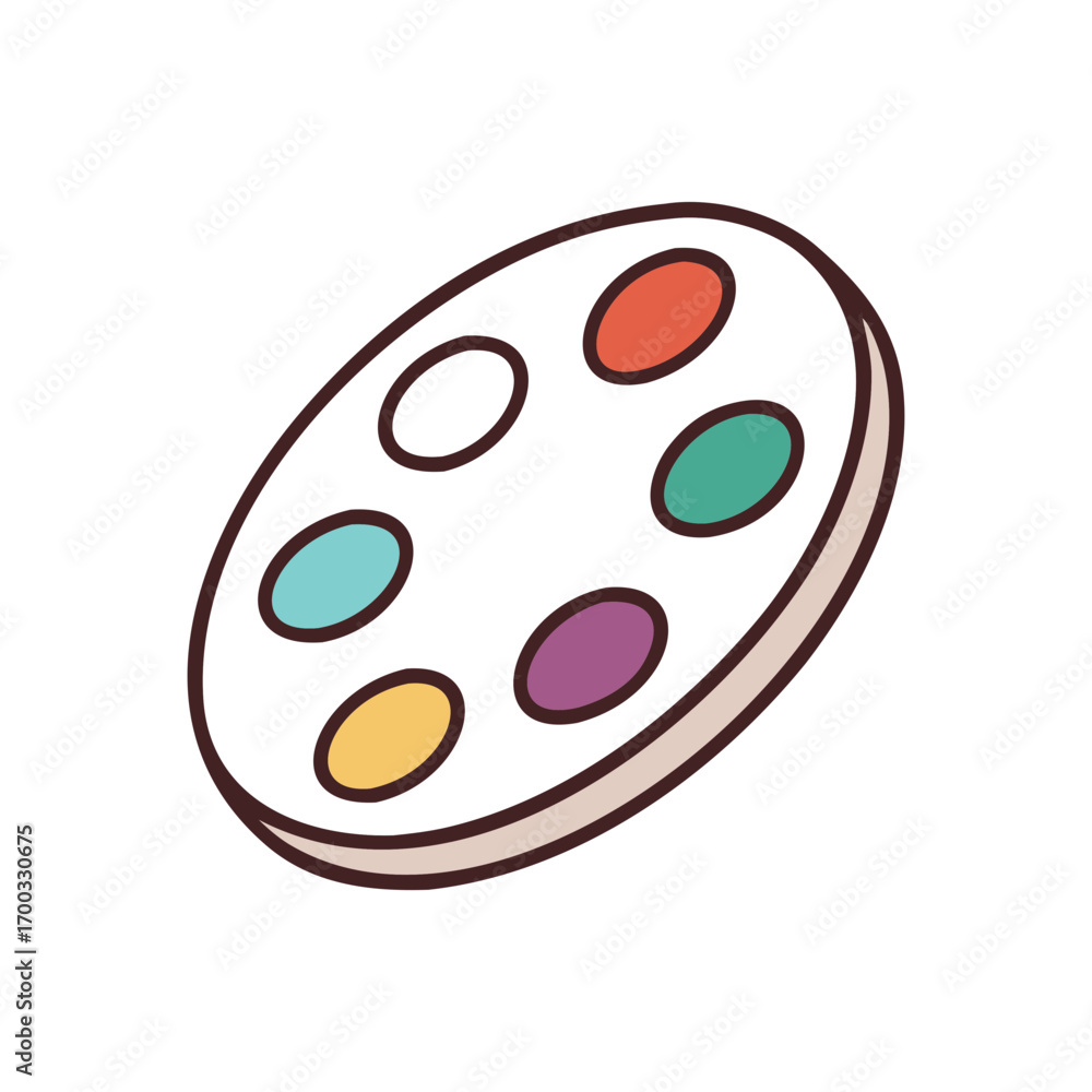 Fototapeta premium Artistic oval paint palette with six colorful paint wells and a thick outline isolated on transparent background