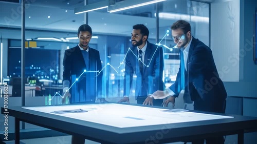 Diverse Team Analyzes Financial Data on Holographic Table for Strategic Decisions