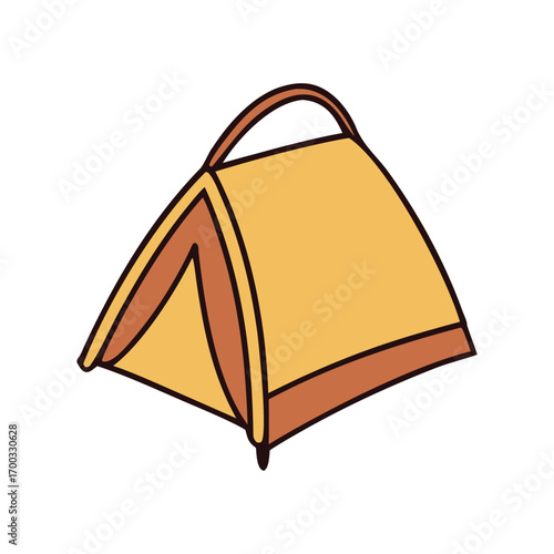 Simple cartoon illustration of a yellow and orange camping tent with a handle isolated on transparent background